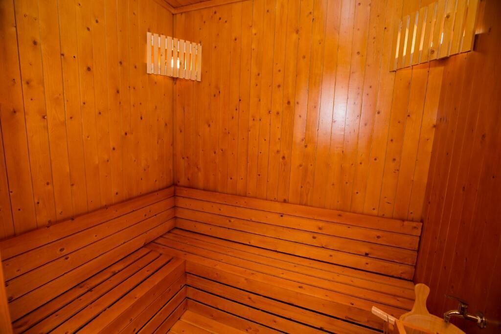 Puisesta laudeseinästä ja penkeistä rakennettu sauna.