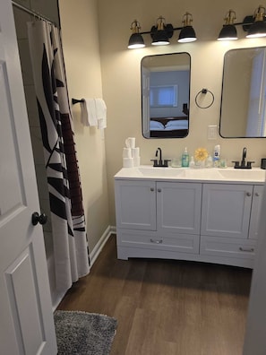 Hair dryer, towels, soap, toilet paper