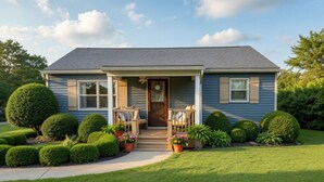 A two-story house with a front porch, a small garden with various shrubs and potted plants, and a well-maintained lawn. - Dockside Cozy Cottage/Boat access/Spacious Yard/ sleeps 8 (Port Clinton)