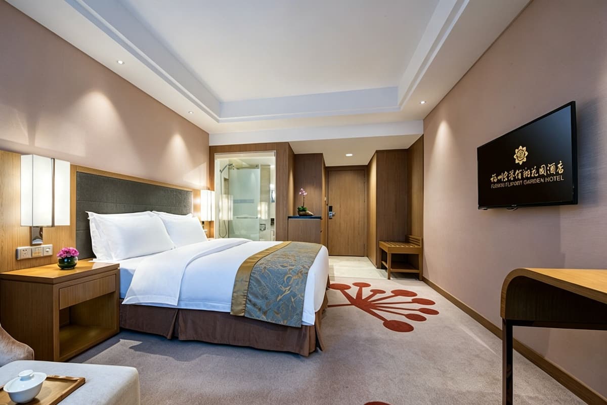 A hotel room with a bed, bedside table, lamp, TV, and a shower area.