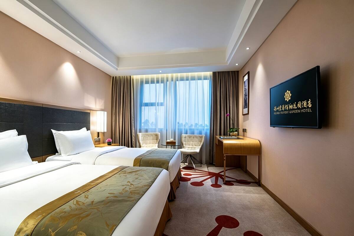 A hotel room with two beds, a TV, a desk, and a view of the city through large windows.