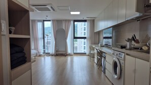 Une cuisine moderne équipée d’un lave-linge, d’un coin repas et offrant une vue sur les bâtiments grâce à de grandes fenêtres.