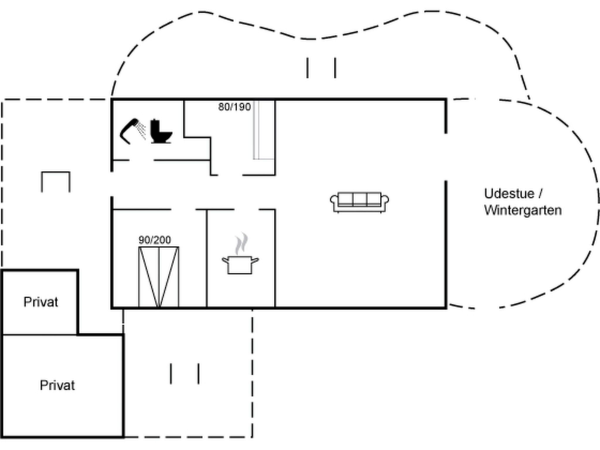 A hotel layout with two private rooms, a kitchenette, a bathroom, and a living area with a couch.