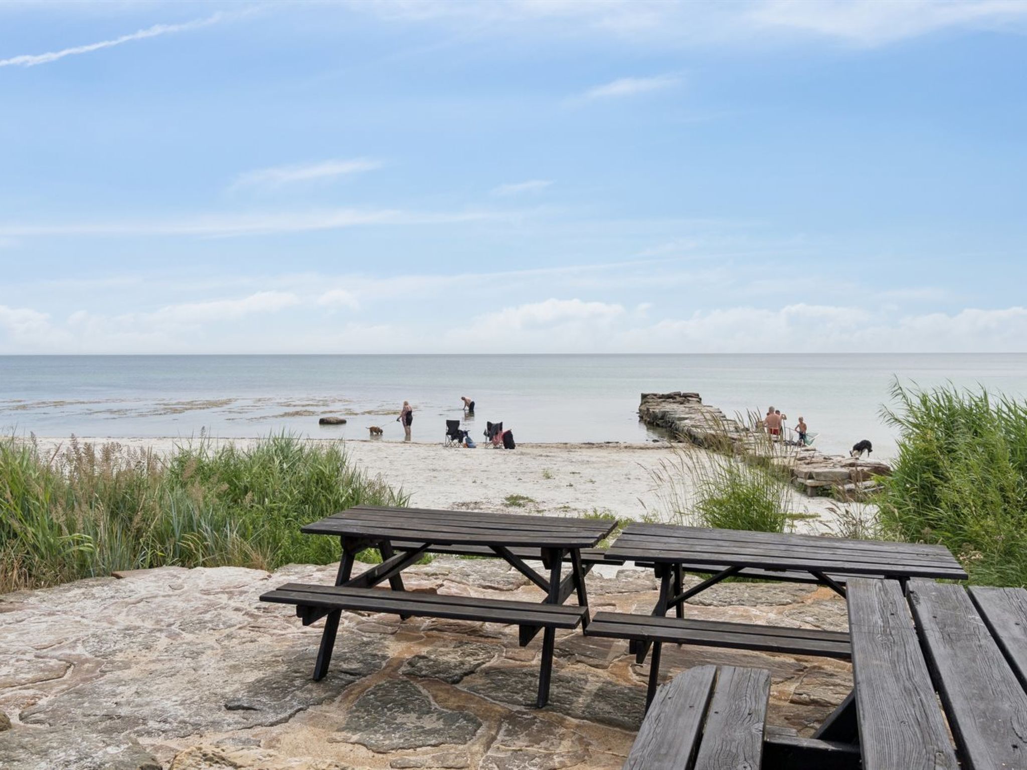 Una platja amb taules de pícnic, gent i un cel serè.