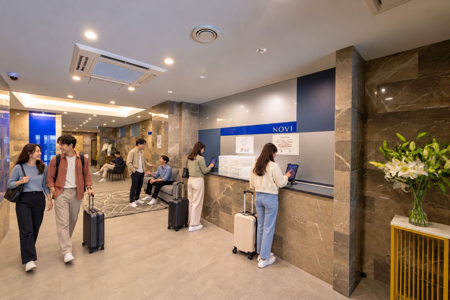 A hotel lobby with a reception desk, a digital information board, and a vase with flowers.