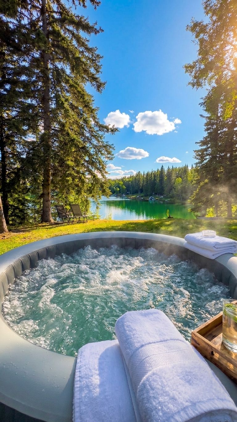A hot tub with a view of a lake and forest.