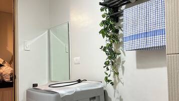 Shower, hair dryer, bidet, towels