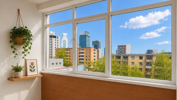 A room with a large window, a hanging plant, a framed picture, and a wooden shelf. - Nice hostel in Mongolia (Ulaanbaatar)