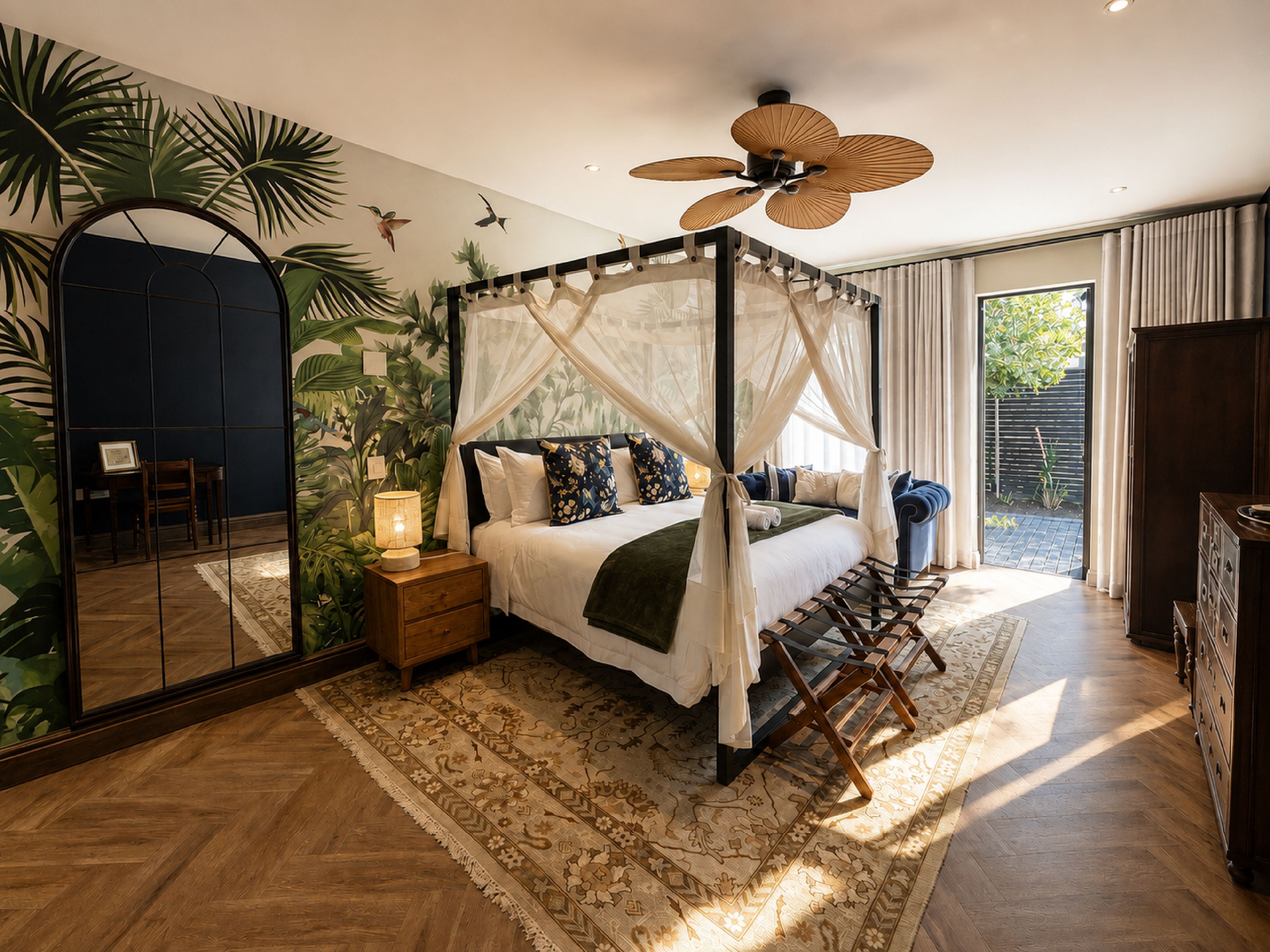 A bedroom with a four-poster bed, a ceiling fan, a nightstand, a bedside table with a lamp, and a large mirror.