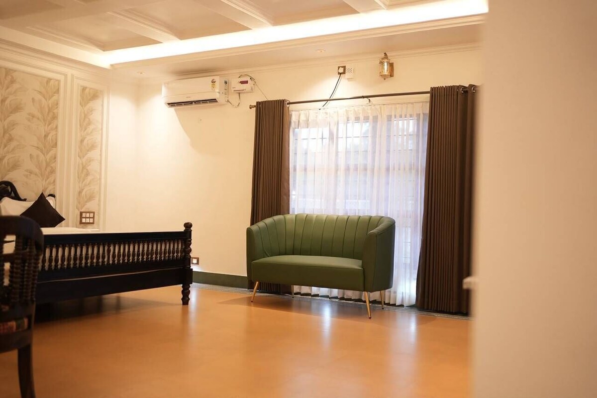 Desk, blackout drapes, iron/ironing board