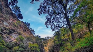 A waterfall in a natural setting with rocky terrain and trees.