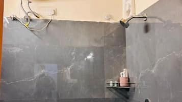 Shower, free toiletries, slippers, soap
