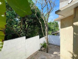 A narrow outdoor space with a concrete wall, a small tree, and a building with a flat roof.