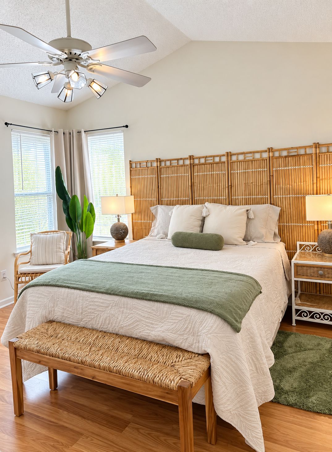 A bedroom with a bed, bedside tables, a bench, a ceiling fan, and a window with blinds.