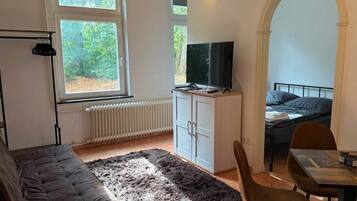 Een knus woongedeelte met een bank, een eettafel, een televisie en een bed.