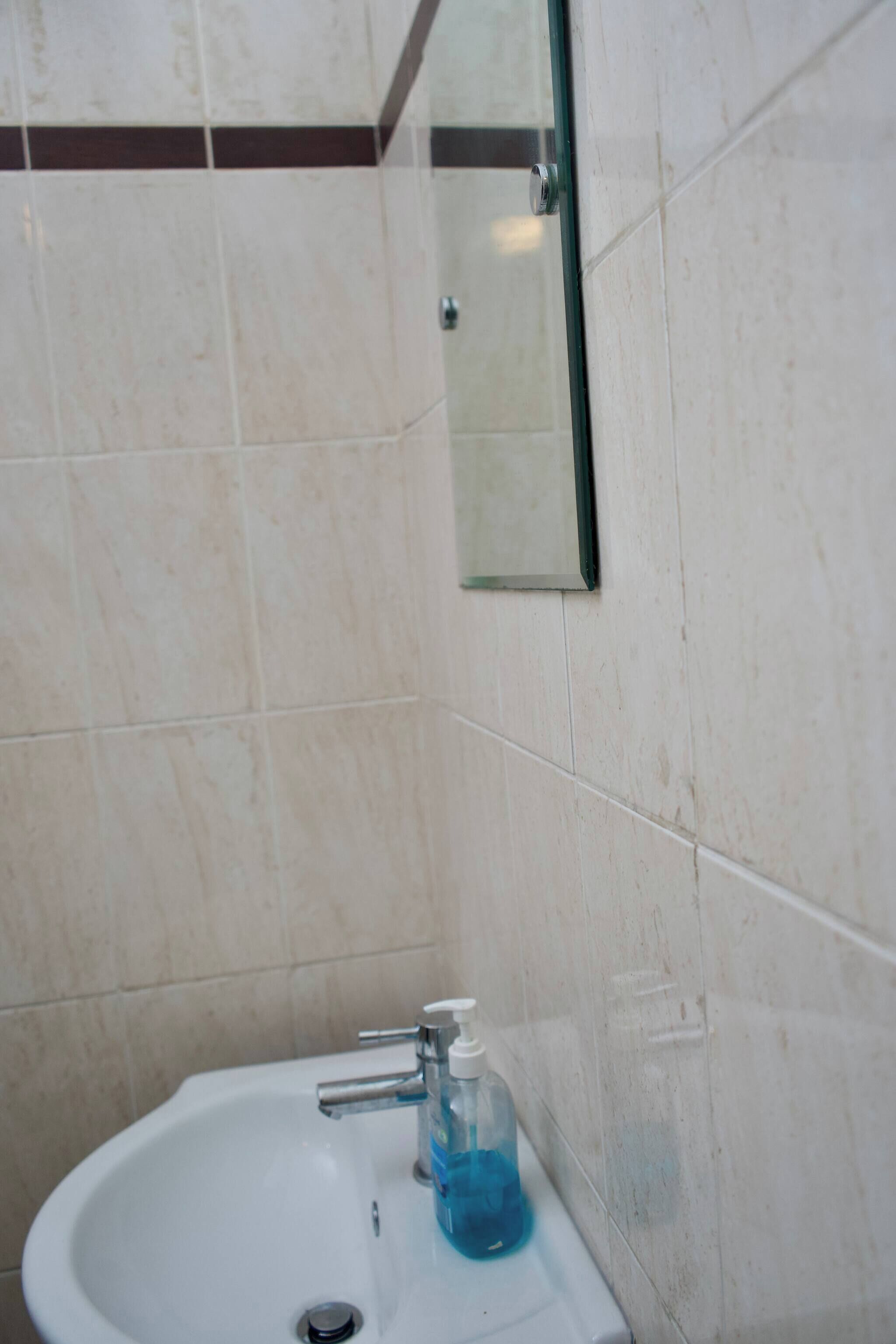 Ein Badezimmer mit einem weißen Waschbecken, einem Spiegel und einer Flasche blaue Seife.