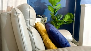 A room with a beige leather sofa, a large green plant, a framed picture on the wall, and a white cabinet.