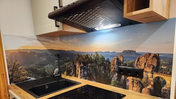 Uma cozinha com duas zonas de indução pretas, bancada de madeira e painel de fundo com paisagem cênica.