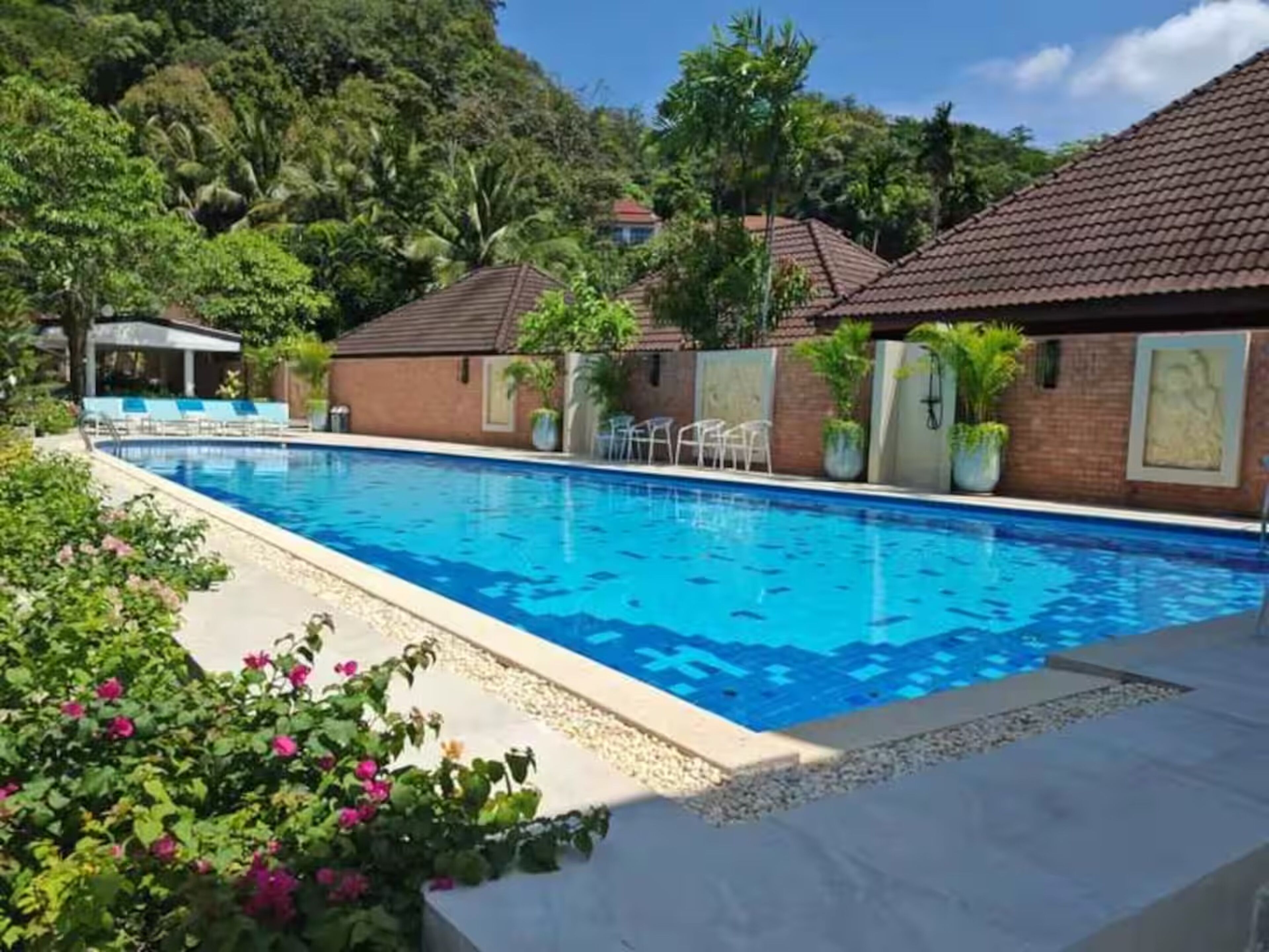 Una piscina al aire libre, sillones reclinables de piscina