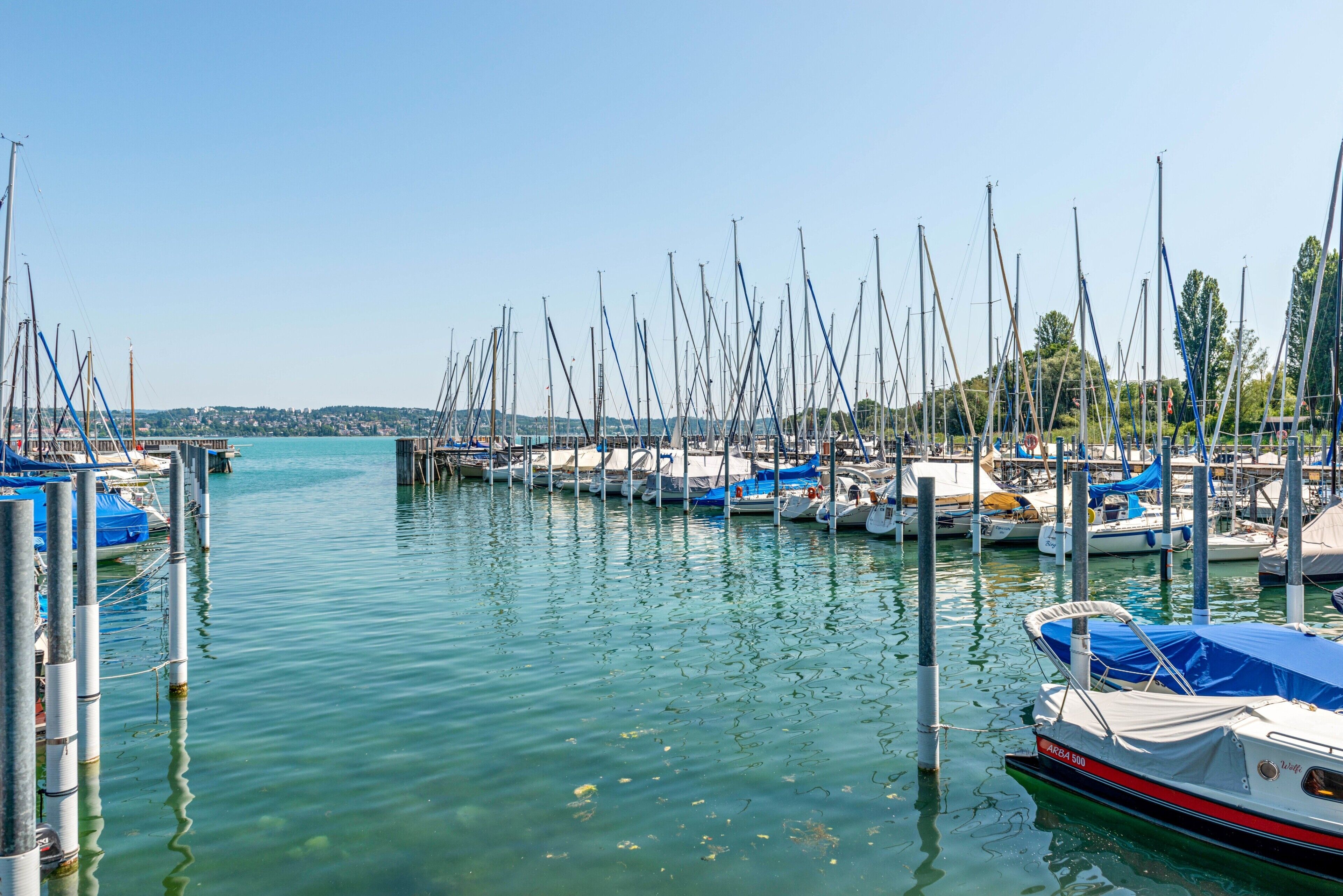 Ein Yachthafen mit mehreren angestauten Booten, ruhigem Wasser und blauem Himmel.