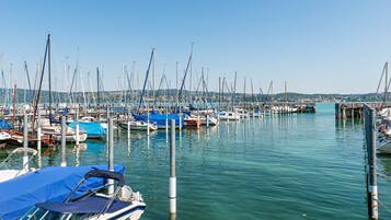 A marina with multiple boats docked, calm water, and a distant cityscape.