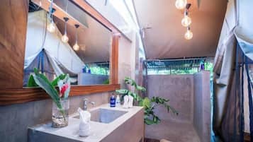 Shower, towels, soap, toilet paper