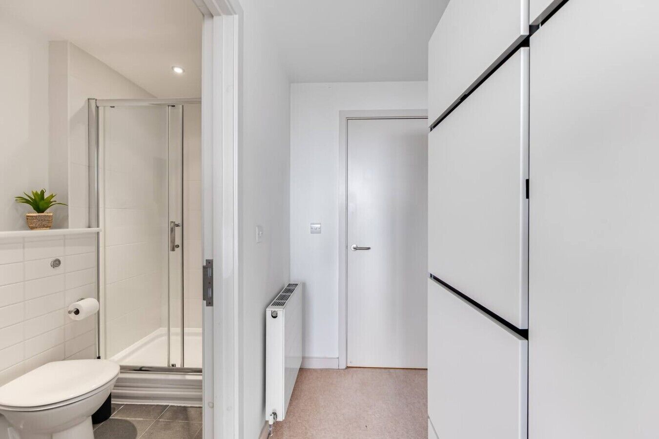 A bathroom with a toilet, a shower, and a radiator.