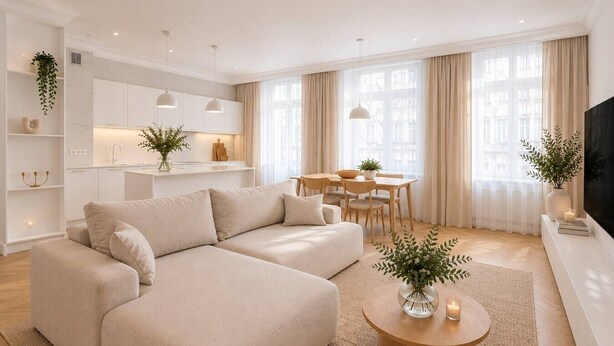 Un soggiorno moderno con un divano angolare beige, un'area pranzo con tavolo e sedie in legno, e una cucina con pensili bianchi e luci a sospensione.
