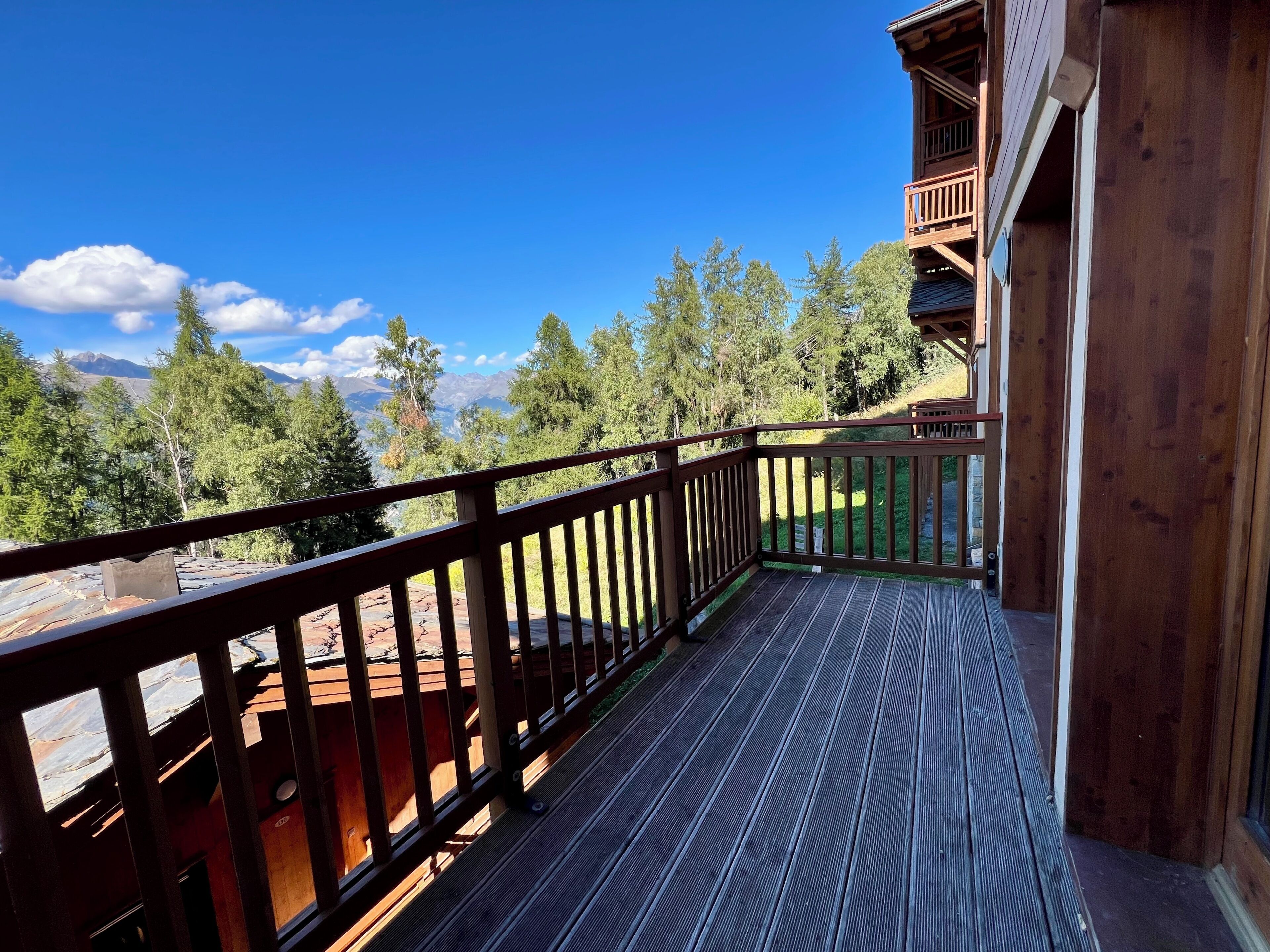 Une terrasse en bois offrant une vue sur les montagnes et les arbres.