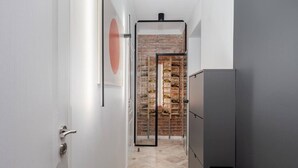 Un pasillo estrecho con una puerta a la izquierda, una puerta de cristal y un muro de ladrillo al fondo, y un armario a la derecha.