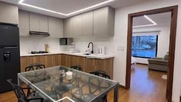 Deluxe Apartment, City View | Private kitchen | Fridge, microwave, oven, stovetop