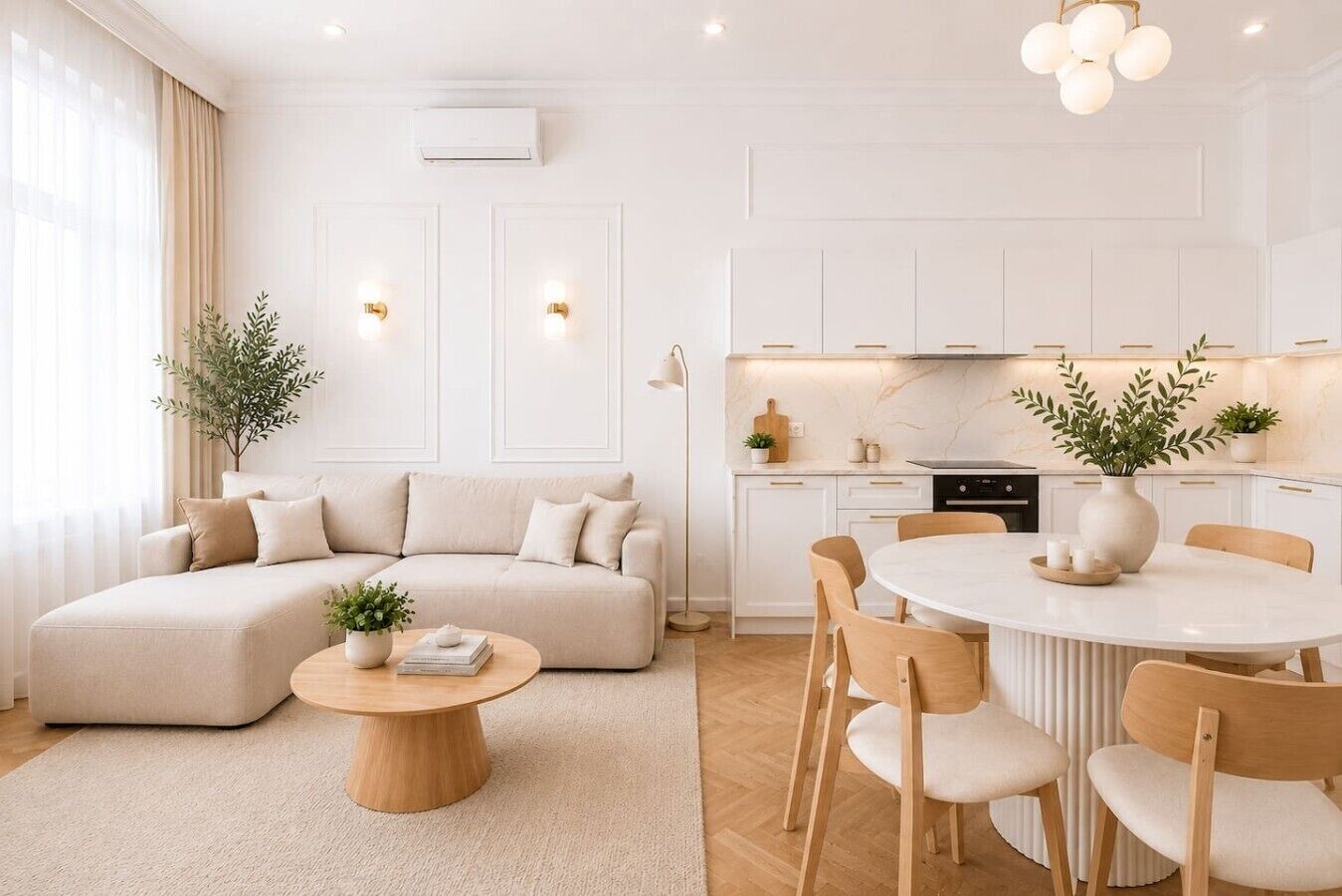 Un salon moderne avec un canapé d’angle, une table basse ronde et un coin repas comprenant une table blanche et des chaises en bois.