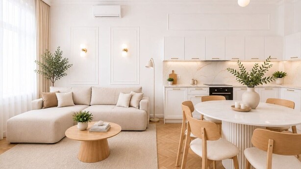 Una sala de estar moderna con un sofá modular, una mesa redonda y una zona de comedor con mesa blanca y sillas de madera.