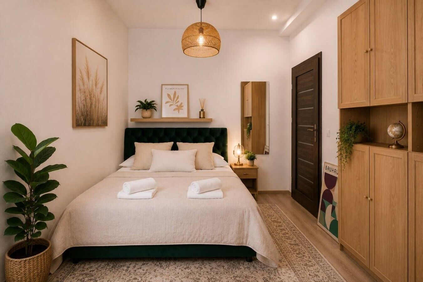 A bedroom with a bed, bedside table, lamp, potted plant, and wardrobe.