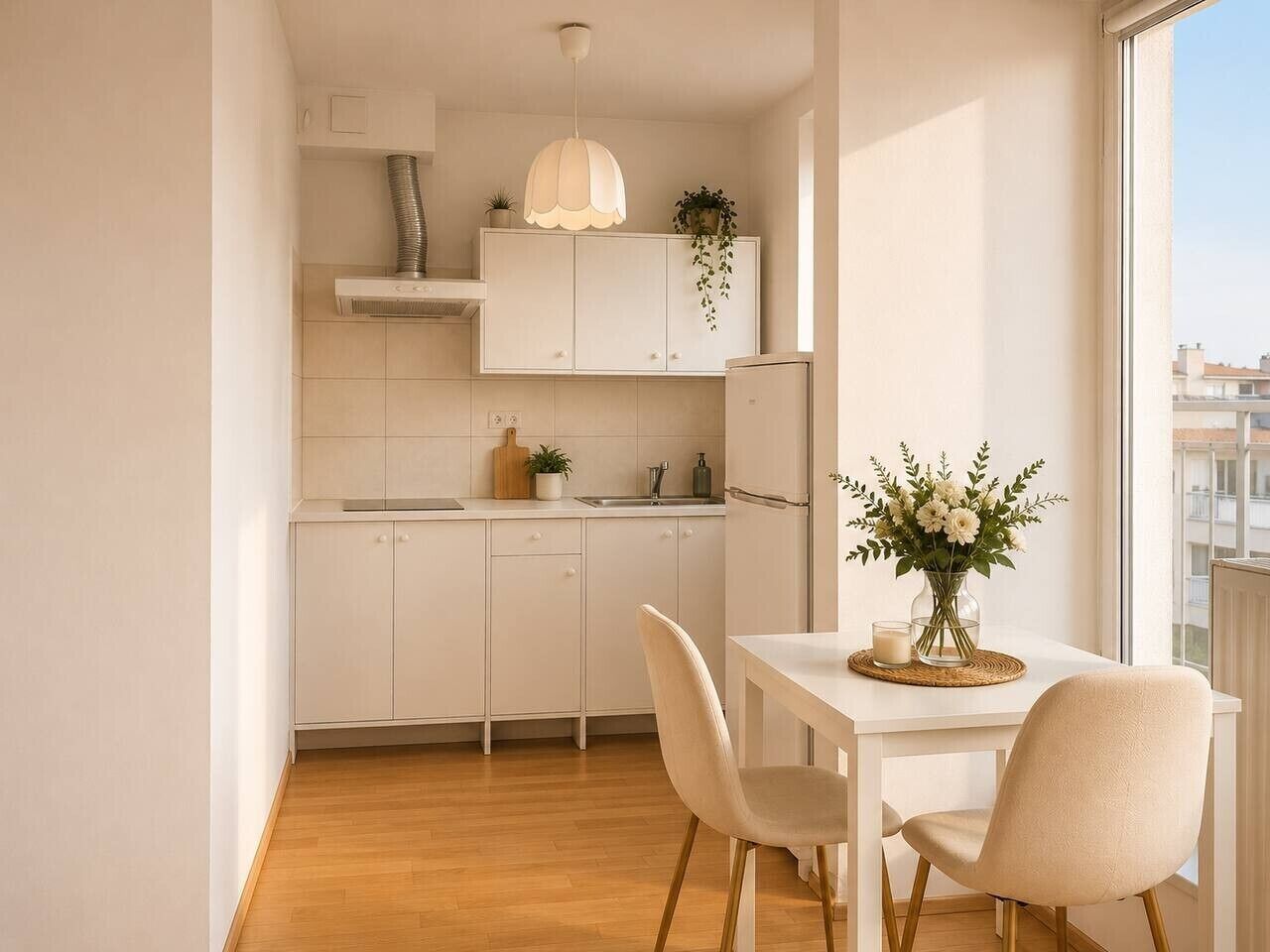 Kühlschrank, Herdplatte, Wasserkocher mit Kaffee-/Teezubehör