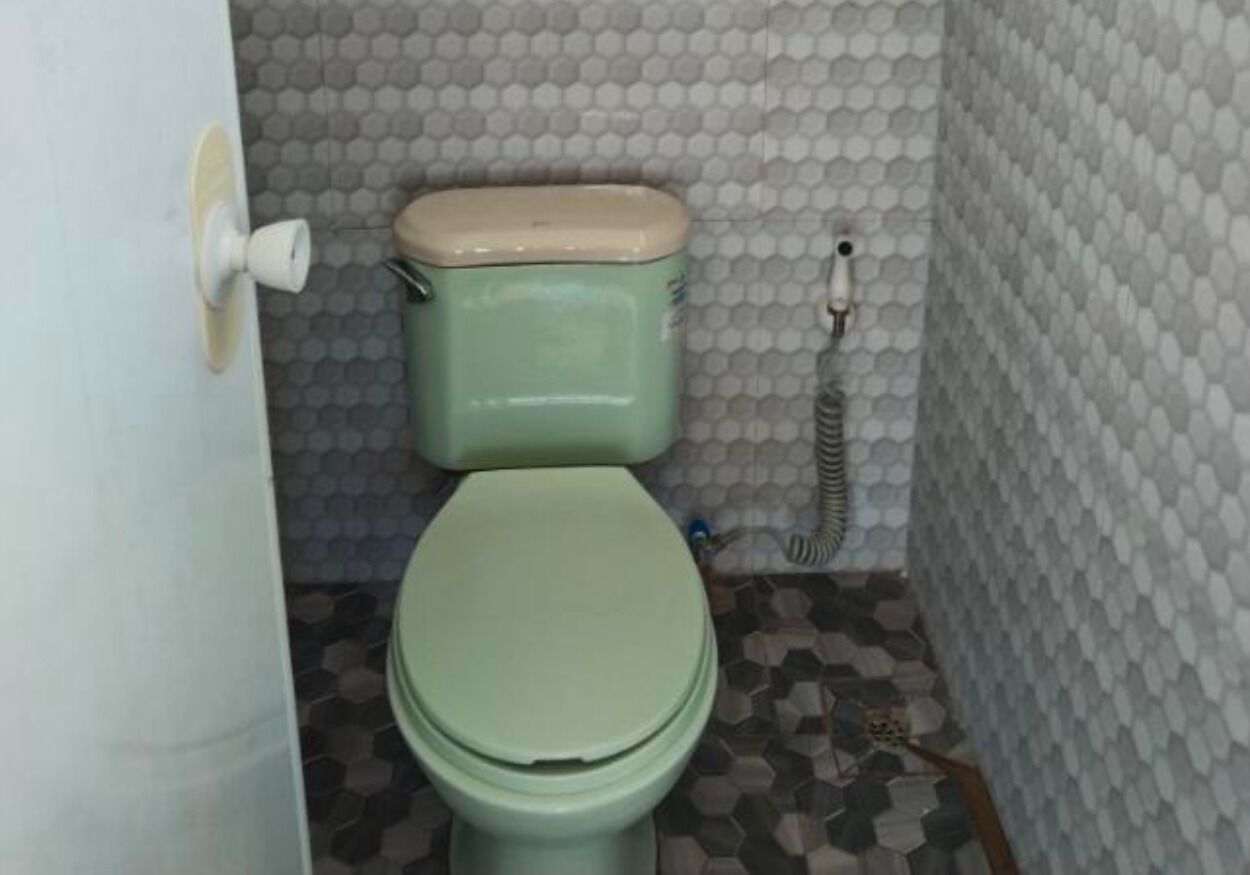 Un inodoro con asiento y tapa verdes, un tirador de descarga blanco y una pared con diseño hexagonal.