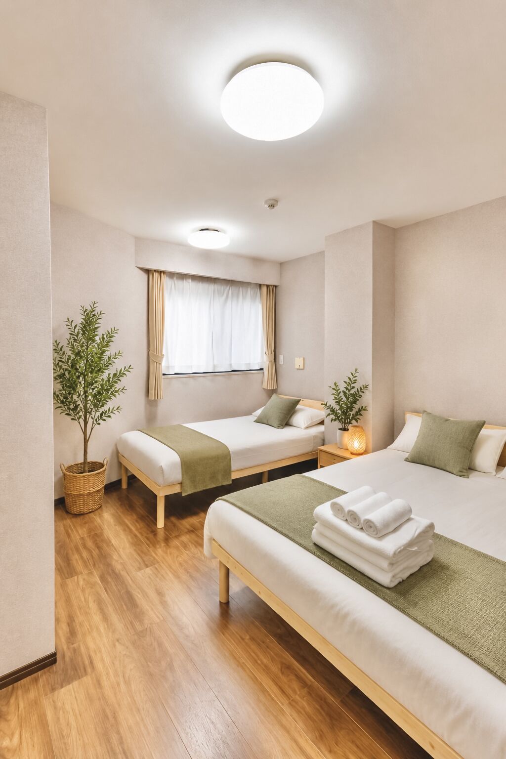 A hotel room with two beds, a window with curtains, a bedside table with a lamp, and a potted plant.