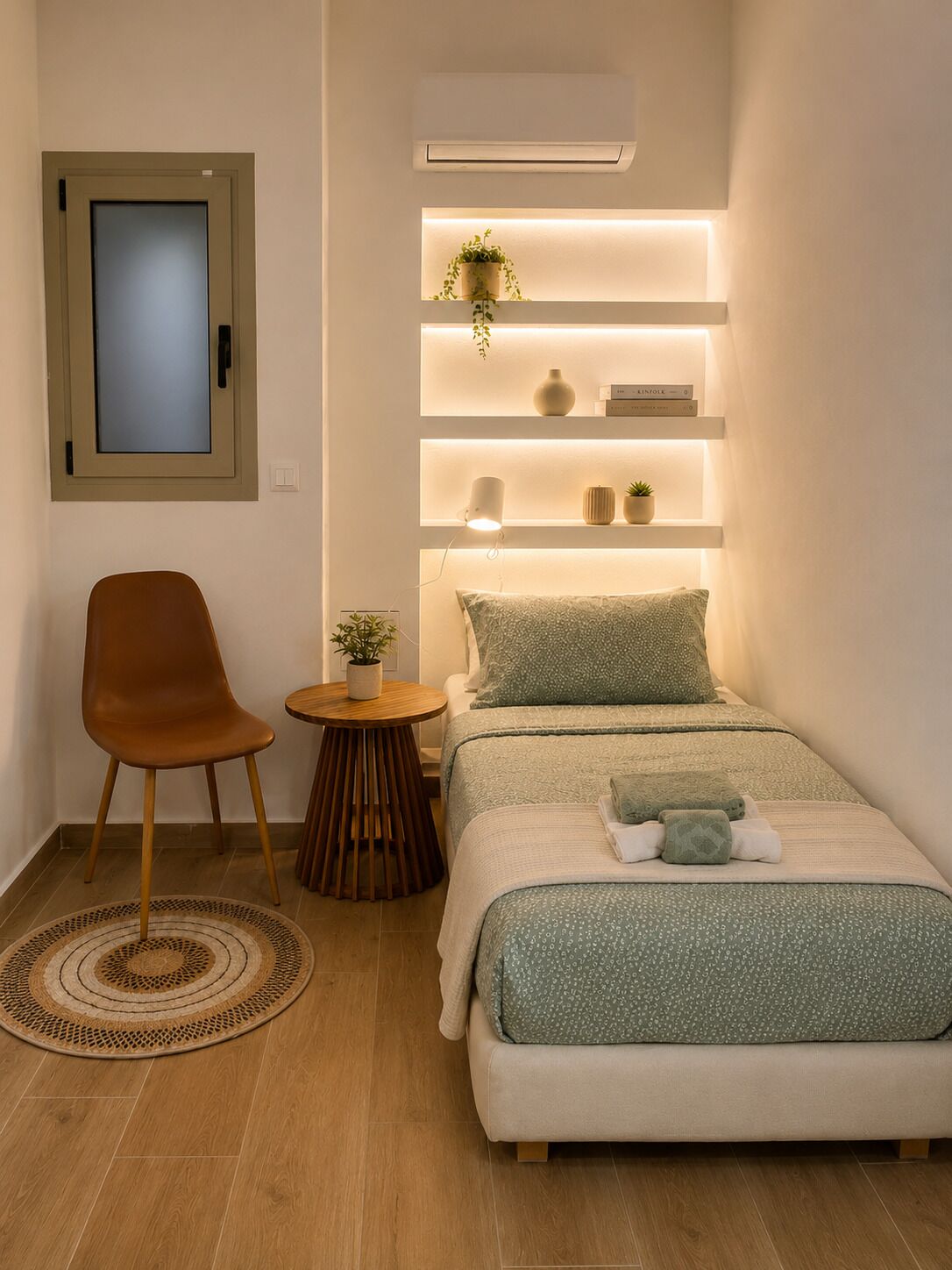 Une chambre à coucher avec un lit, une chaise, une petite table et des étagères ornées de plantes et de livres.