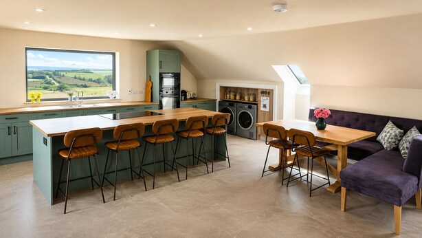 A modern kitchen with a central island, bar stools, a dining table, a sofa, and a view of the countryside.