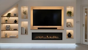 A modern living room with a large flat-screen TV mounted on the wall, a built-in fireplace below, and shelves with decorative items.