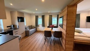 A modern room with a kitchenette, a dining area, a sofa, a bed, and large windows. - Vacation Rental in Salzburg (Salzburg)