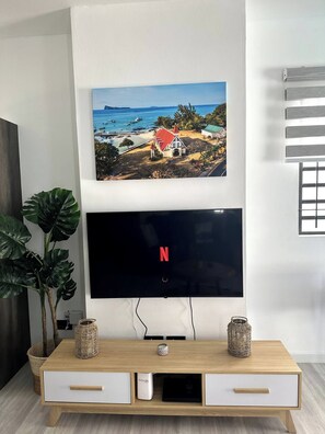 Un téléviseur à écran plat fixé au mur, au-dessus d’une console en bois dotée de tiroirs, ainsi qu’une plante décorative et un panier tressé.