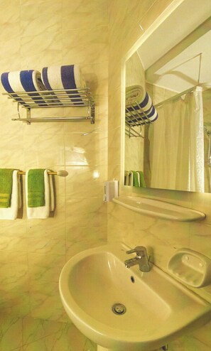 Shower, towels, soap, toilet paper