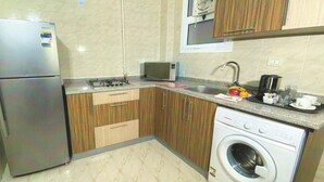 Cocina compacta con refrigerador, microondas, lavamanos y lavadora.