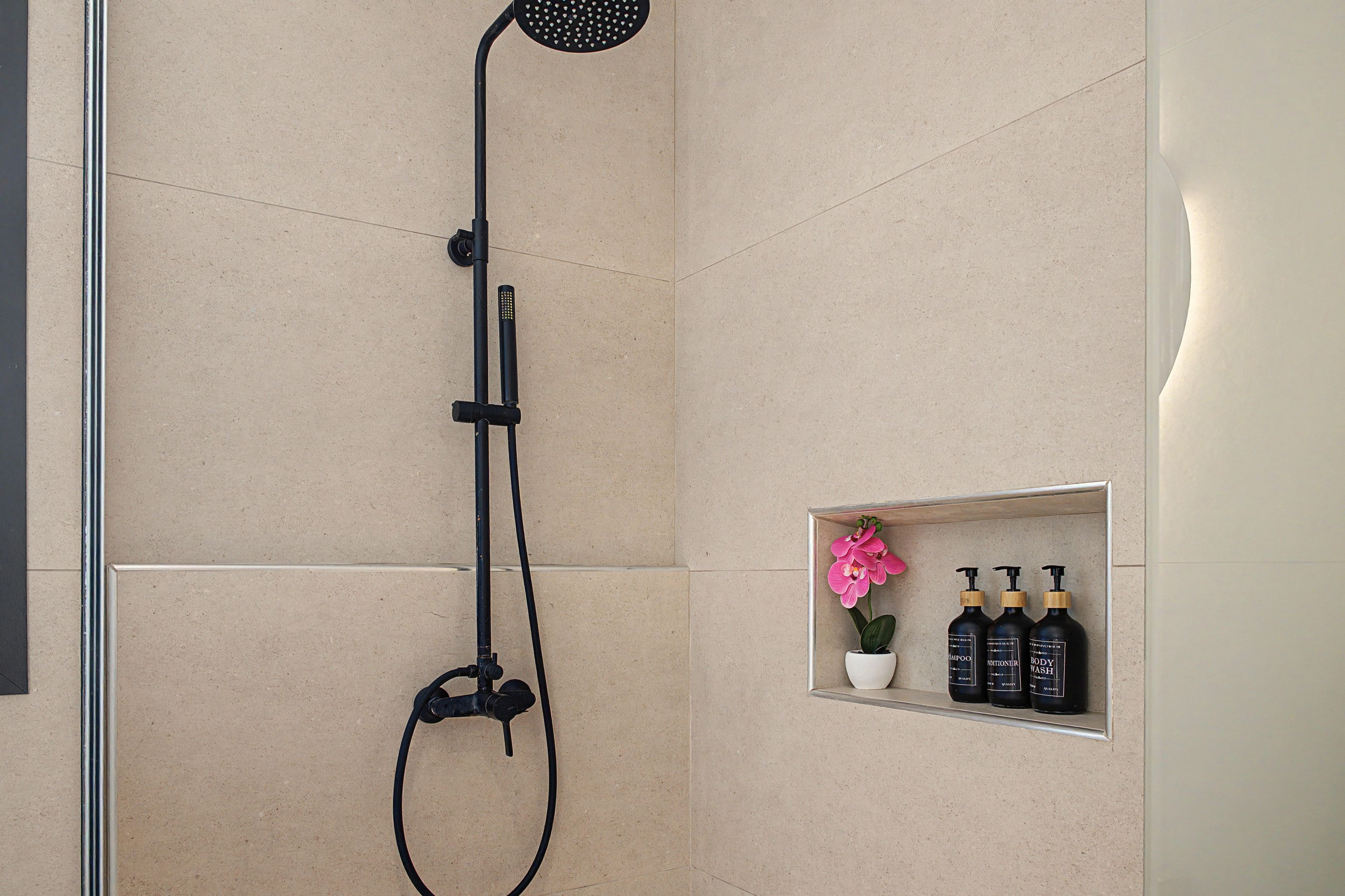 Ducha con cabezal de mano, ducha de mano y panel de control en la pared.