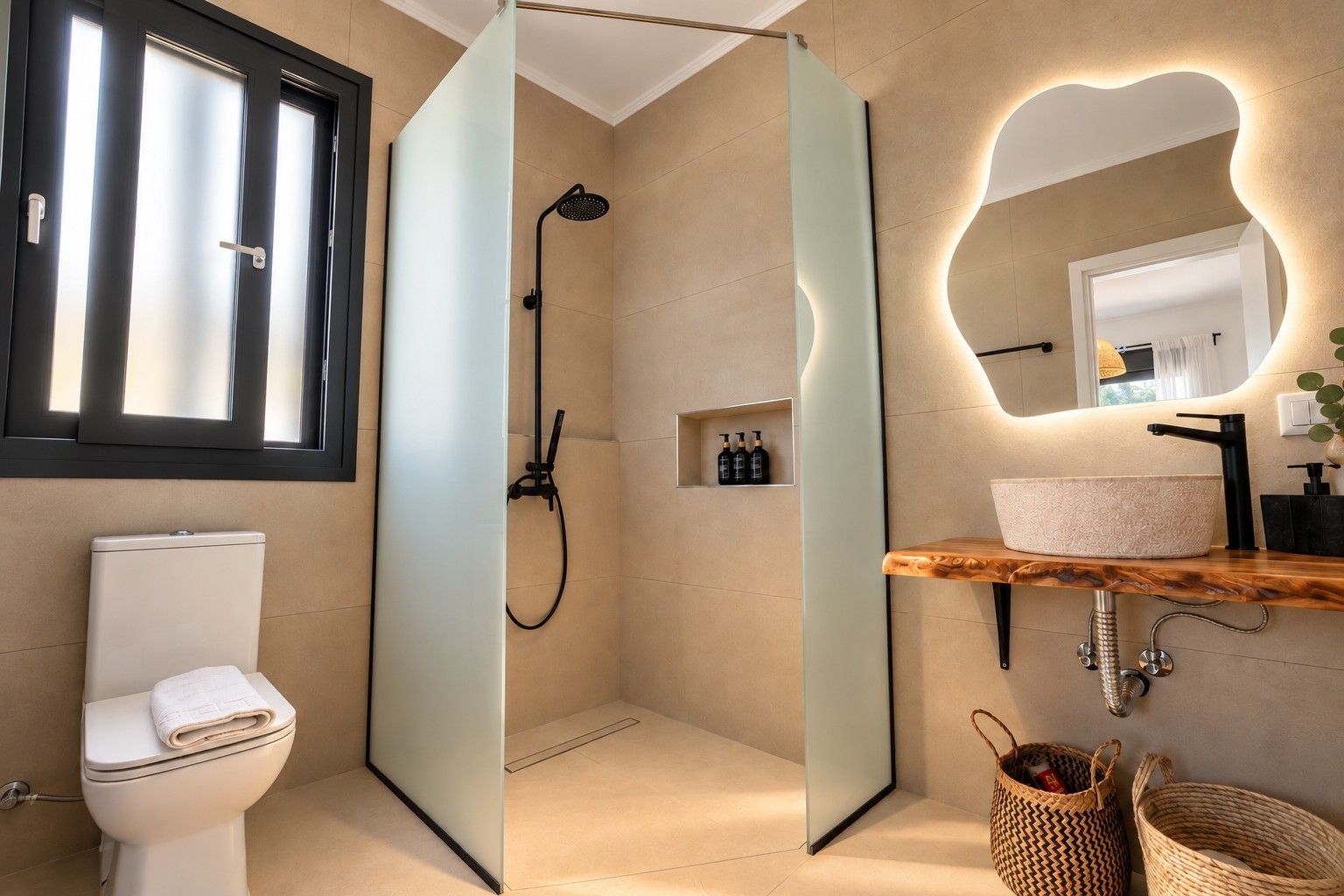 Une salle de bain moderne comprenant des toilettes, une douche en verre, un lavabo avec un plan de travail en bois et un miroir doté d’un système d’éclairage original.