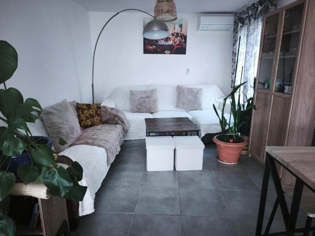 Un salon avec un canapé, une table basse, un meuble et des plantes en pot.