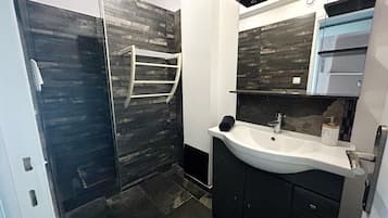 Une salle de bain moderne avec une douche à parois de verre, un lavabo blanc, des meubles de couleur sombre et un miroir au-dessus du lavabo.