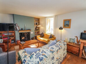 A cozy living room with a fireplace, a sofa, a television, and a bookshelf. - Scoops Nook (Caernarfon)