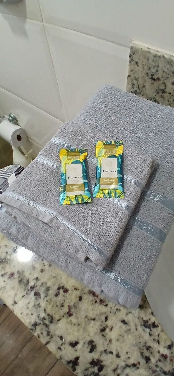 Shower, towels, soap, toilet paper